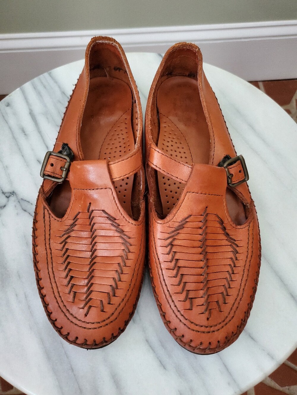 Vintage 90s Dexter Leather T-strap Mary Jane Moccasins Fisherman Sandals 8W